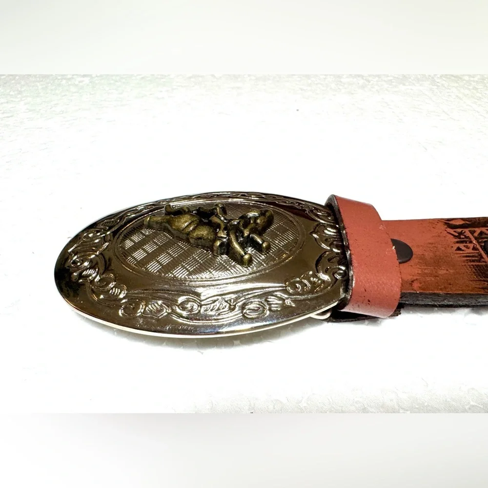 Western Men's Brown Leather Belt with Ornate Silver Buckle Embellished
